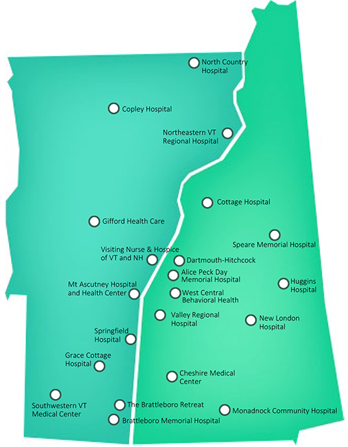 Map of NEAH member locations in Vermont and New Hampshire