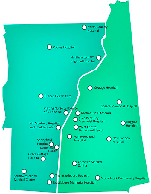 Map of NEAH member locations in Vermont and New Hampshire